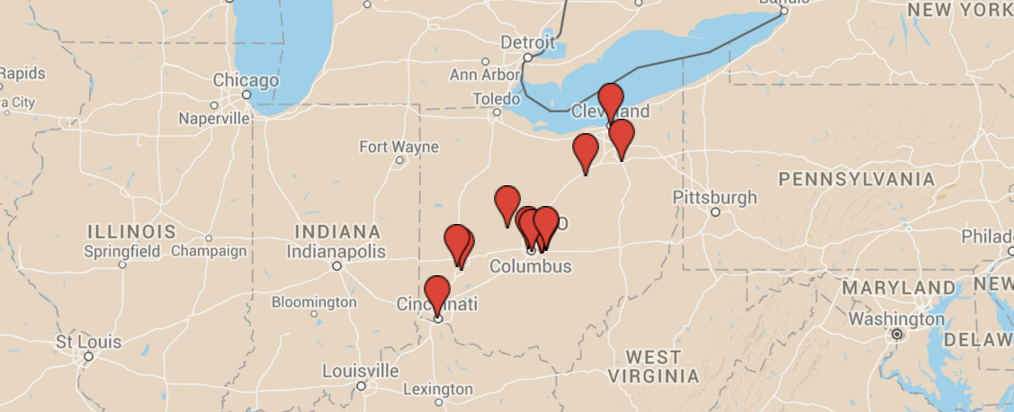 Image of the Ohio STEM schools on a map